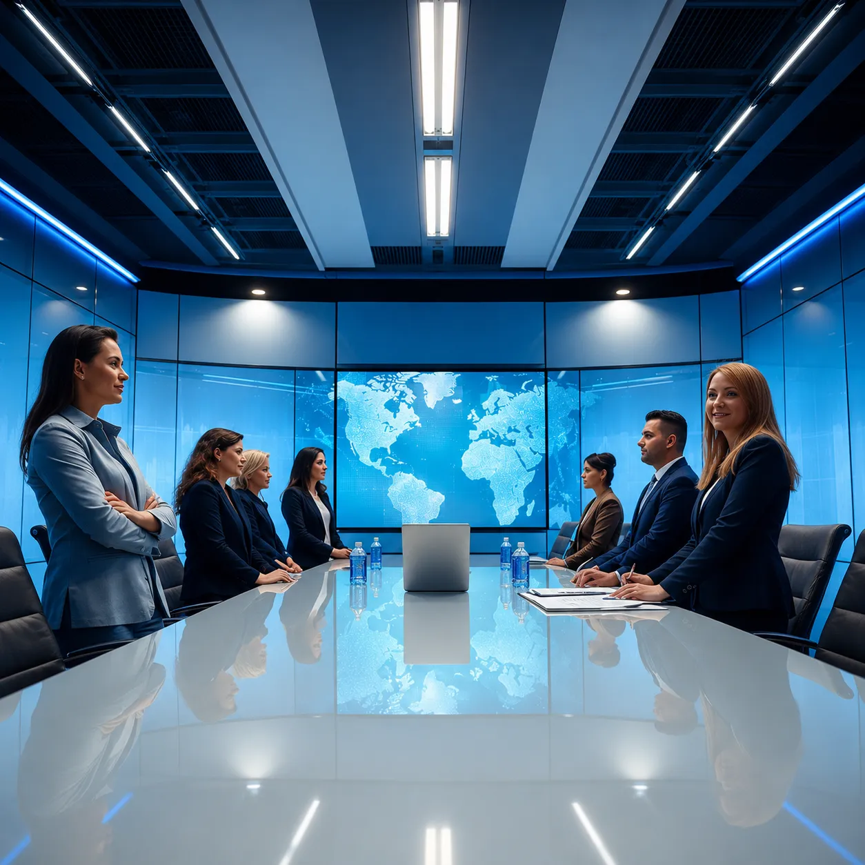 Equipo ejecutivo reunido en una sala corporativa